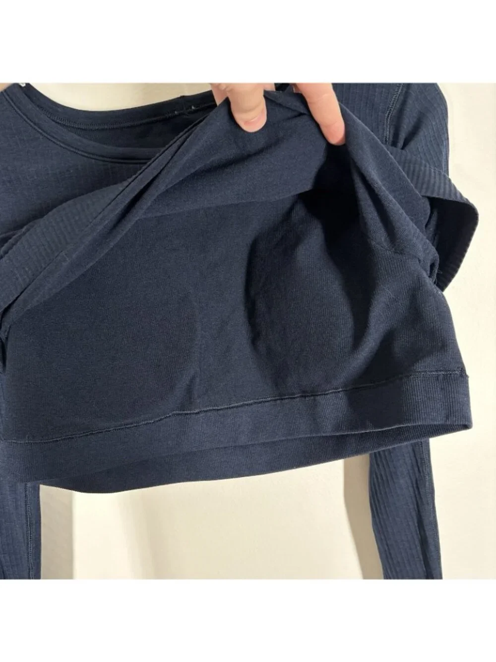 Lululemon Women 10 True Navy Ribbed Ebb To Street Long Sleeve Cropped Top